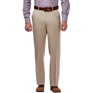 NWT Haggar Repreve Super flex Men Straight Fit Flat Front Dress Pants Tan 34x30
